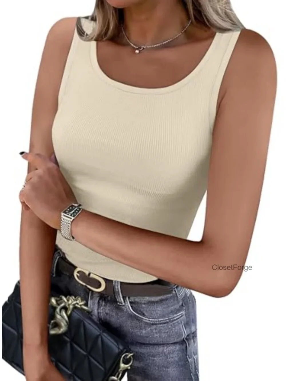 Women's Ribbed Tank Top Scoop Neck Slim Fit Sleeveless Casual Knit Shirt